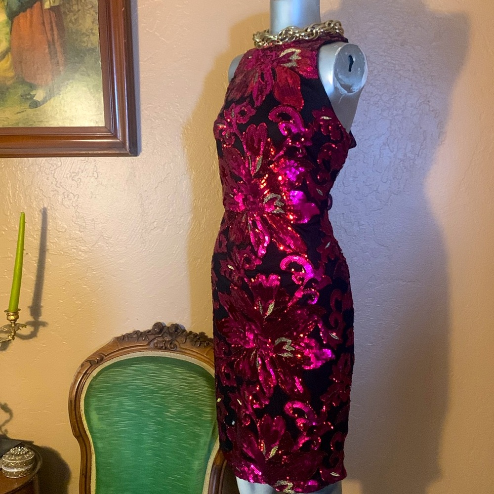 CACHE Black Pink Sequin High Neck Cocktail Dress.  Sz M